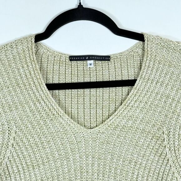 Peruvian Connection Beige Cable Knit V-Neck Pima Cotton‎ Sweater Women's Medium - Picture 2 of 6